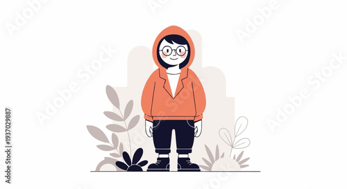Stylized person with glasses and orange hoodie stands amidst abstract plants