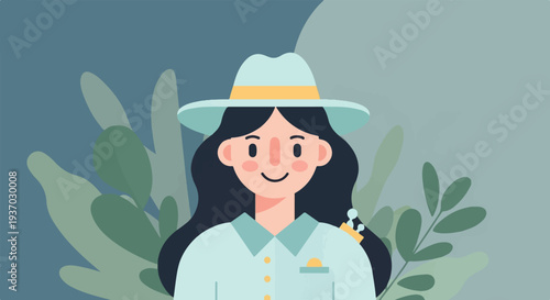 Stylized flat illustration of a person in a hat and uniform, surrounded by plants