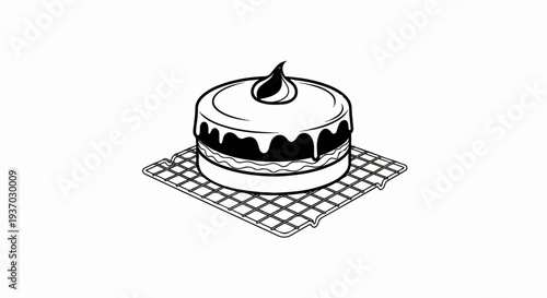 Black and white illustration of a frosted cake with drippy icing on a cooling rack