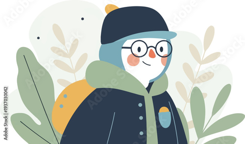 Cheerful character with glasses and backpack in abstract botanical setting