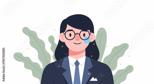 Illustrated person in a suit with glasses, against a white background with foliage