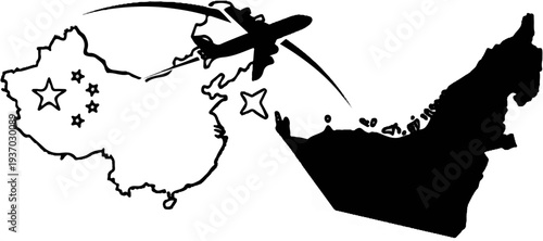 Airplane flies from China map with stars to UAE map with islands
