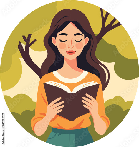 donna che legge un libro romanzo giallo sotto albero in campagna aperta sulla terra erba terreno vettoriale