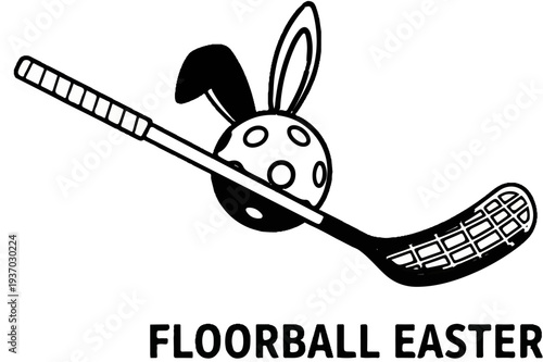A whimsical floorball stick, ball with bunny ears, and text
