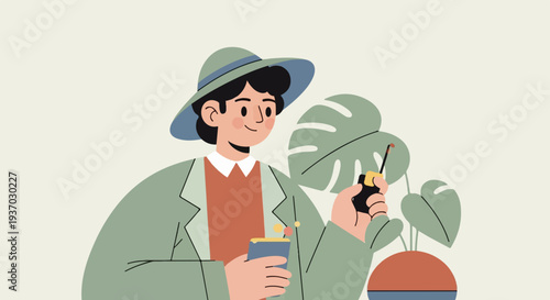 Person in a hat watering a plant with a sprayer, holding a drink