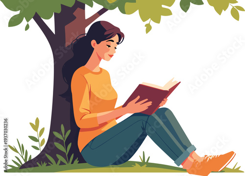 donna che legge un libro romanzo giallo sotto albero in campagna aperta sulla terra erba terreno vettoriale