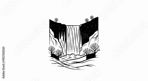 Majestic waterfall cascades down rocky cliffs flanked by bare trees
