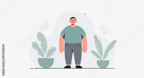 A flat illustration of a man standing between two potted plants