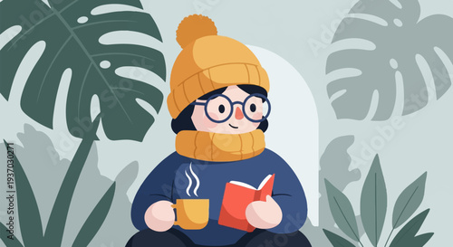 Person in warm clothing reads a book with a hot drink amid lush foliage