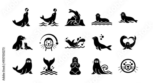 Collection of 15 unique black seal icons arranged in a clean square grid layout. Featuring playful seals balancing a ball, swimming underwater, resting on ice, interacting with baby seals