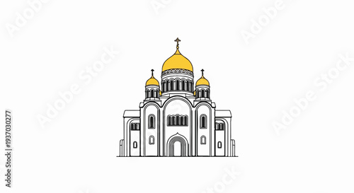 Stylized depiction of a grand domed religious structure with golden domes