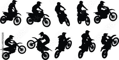 Motocross rider silhouettes set, dirt bike stunt silhouettes collection, professional motorcycle racing action poses, off-road biker jumping and wheelie vector illustration for extreme sports design.