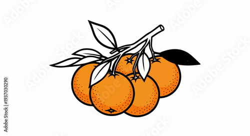 Five bright oranges on a branch with green leaves and black foliage