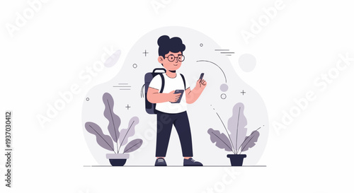 Modern flat illustration of a person with a backpack using a smartphone outdoors
