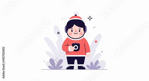 A cheerful person in a red sweater and hat holds a camera, surrounded by abstract purple foliage