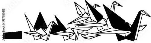 Stylized black and white origami cranes in a dynamic cluster