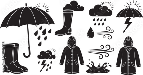 Rainy Day Weather Icons and Accessories in Black White