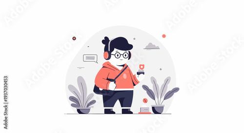 Stylized character in headphones, holding a phone, with plants and clouds