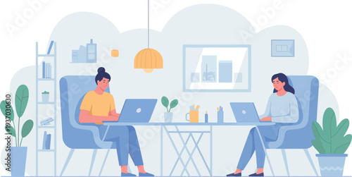 Two women working remotely on laptops in a bright modern home office
