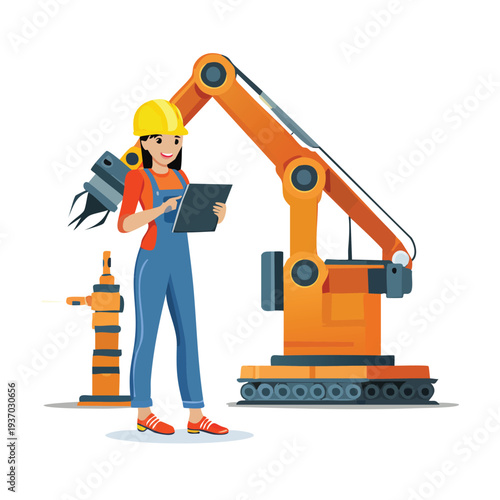 Woman engineer with a tablet supervising a robotic arm