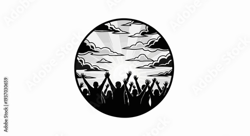 Group of silhouetted people with raised hands in a circle against a sunburst