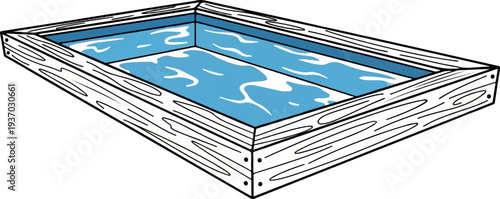 A simple illustration of a wooden framed rectangular pool filled with blue water