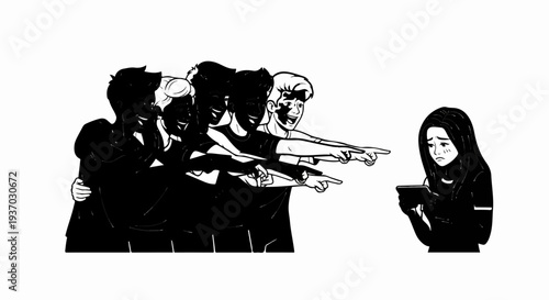 Group points at sad person looking at phone