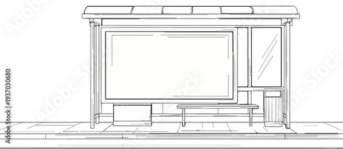 A simple line drawing depicts a bus stop shelter with a bench and advertising panel