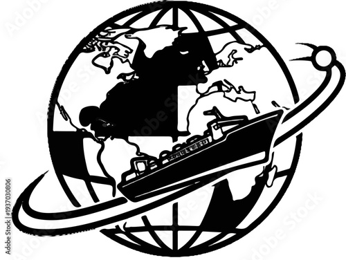 A ship sails around a silhouette of Earth