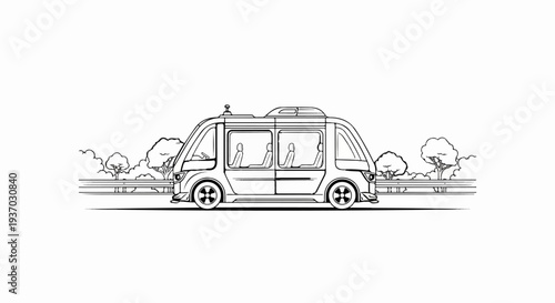 Sketch of an autonomous vehicle driving on a highway with trees
