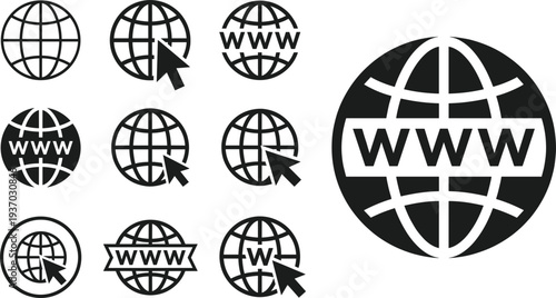World wide web globe icon collection featuring internet browser symbols with cursor pointer and WWW lettering,
