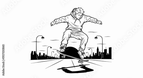 Skateboarder in mid-air, performing a trick with city skyline in background