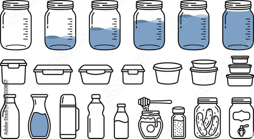 Vector set of empty medicine and cosmetic glass jars and plastic bottles with caps isolated on a white background for clean liquid storage