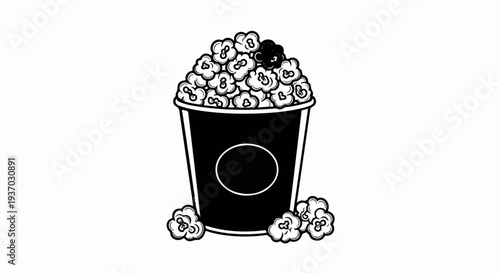 Black bucket overflowing with popcorn, white background