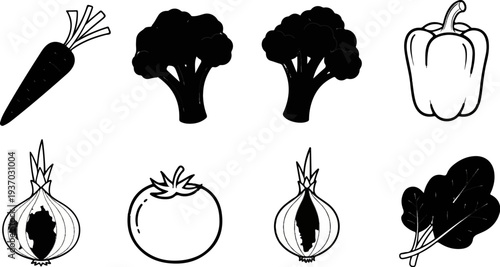 Collection of fresh vegetables including carrot, broccoli, pepper, onion, tomato, and spinach