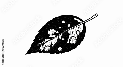 Black and white illustration of a leaf with dew drops