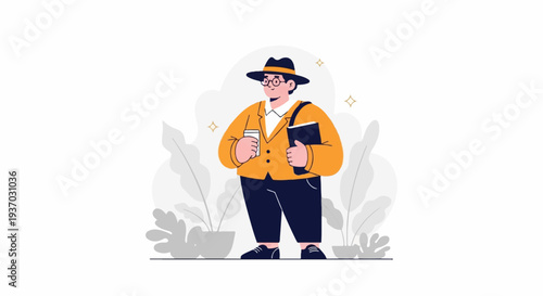 A stylized person in an orange jacket, hat, and glasses, carrying a book and a cup