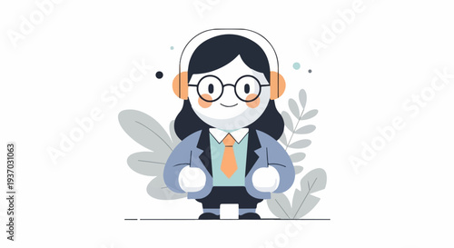 Stylized cartoon of a person in a suit and tie, wearing headphones and glasses, with plants