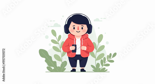 A cartoon person wearing headphones and holding a phone, with plants and clouds in the background