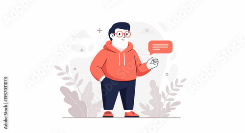A stylized person in a hoodie gestures with a speech bubble