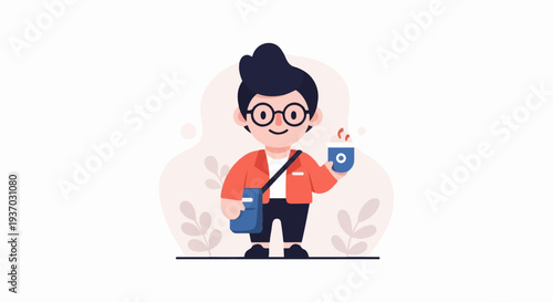 Cheerful person in glasses with bag and coffee, modern flat style