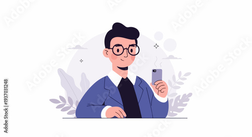 A man in a suit and glasses is taking a picture with his phone, surrounded by plants and clouds