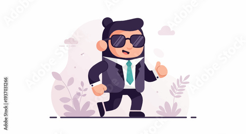 Animated character in suit with sunglasses gives thumbs up while walking