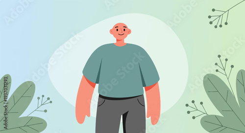 Cheerful bald person in teal shirt and grey pants with leafy decorations
