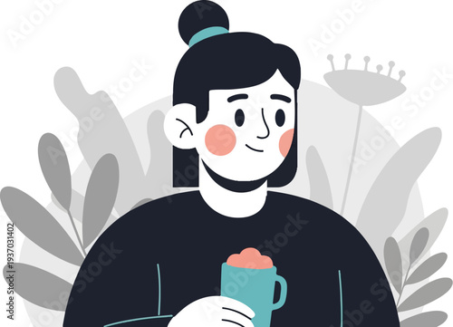 A stylized person with dark hair and rosy cheeks holds a teal mug with pink contents