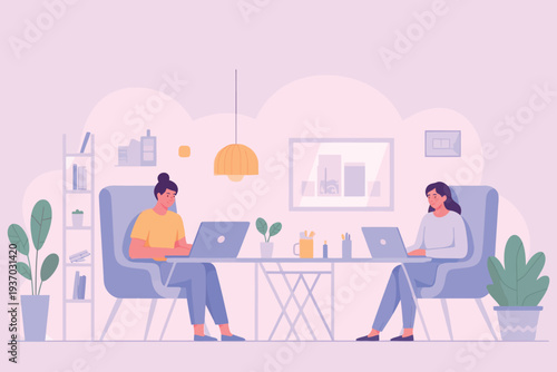 Two women working on laptops in a modern brightly lit office space