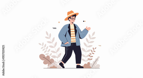 A person in a hat and jacket walks past stylized plants on a white background