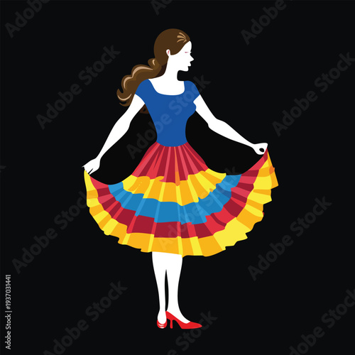 Woman in colorful dress against black background