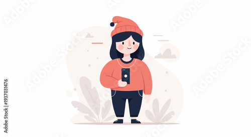 A young person in a cozy orange hat and sweater holds a smartphone, set against a soft, minimalist backdrop with subtle cloudy shapes and plant motifs