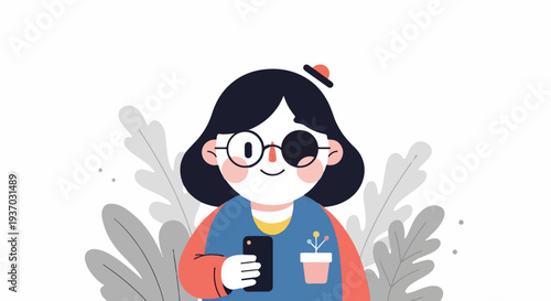 Stylized illustration of a person with a monocle, holding a phone, with foliage